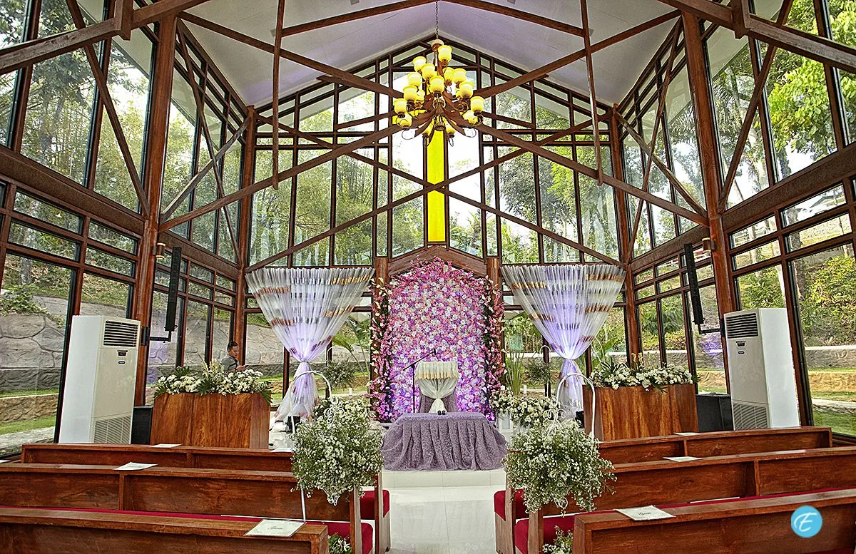 Inside the glass chapel, decorated for a wedding